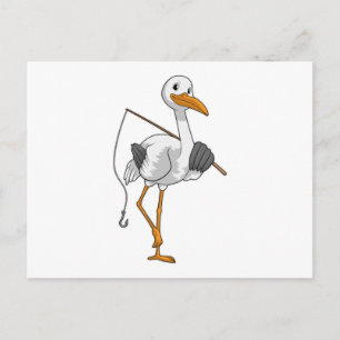 Ooievaar als visser met hengel briefkaart