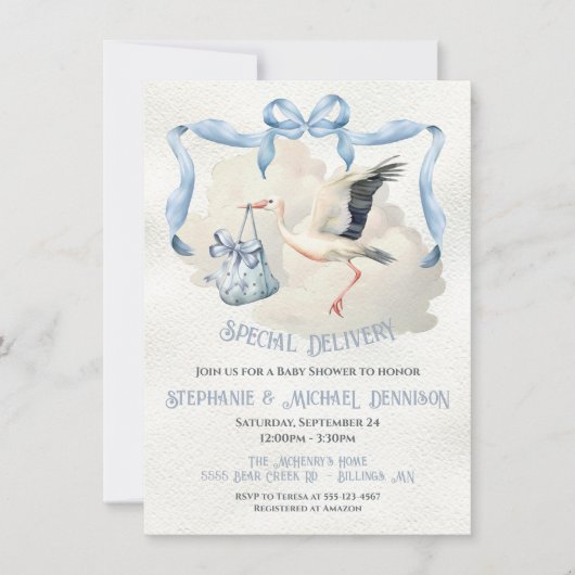 Ooievaar Baby shower Lint Bow Speciale Levering Kaart (Voorkant)