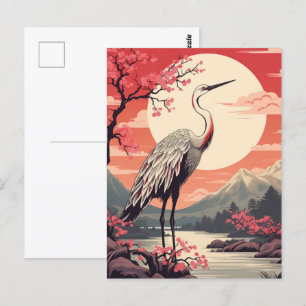 Ooievaar bij zonsopgang bij het meer en Sakura bom Briefkaart