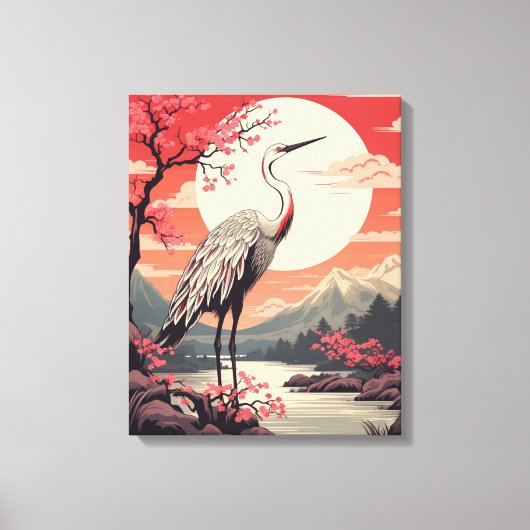 Ooievaar bij zonsopgang bij het meer en Sakura bom Canvas Afdruk (Voorkant)