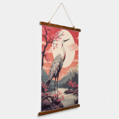 Ooievaar bij zonsopgang bij het meer en Sakura bom Hangend Wandkleed (Gebogen)