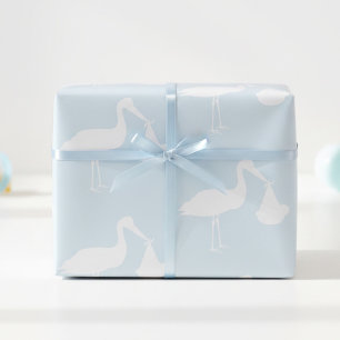 Ooievaar Blauw Baby Shower Inpakpapier
