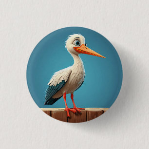 Ooievaar-cartoon met heldere ogen op houten hek ronde button 3,2 cm