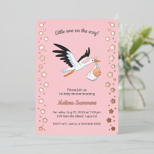 Ooievaar Draagt Baby Selfie Baby Shower Roze Folie Uitnodiging