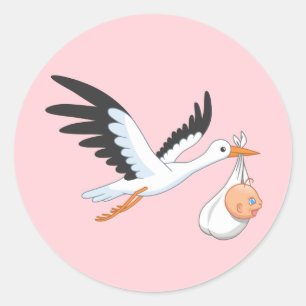 Ooievaar draagt een Baby bundel roze Ronde Sticker