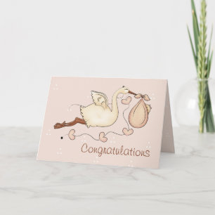 Ooievaar draagt nieuw baby meisje Wenskaart Kaart