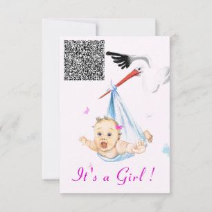 Ooievaar en Baby Meisje Douche Uitnodiging met QR