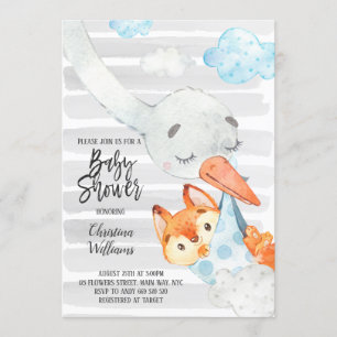 Ooievaar en vosje jongen babyshower blauw & grijs  kaart