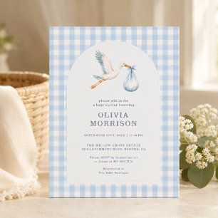 Ooievaar Gingham Blauwe Jongen Baby Shower Kaart