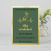 Ooievaar in modern goud en groen Baby shower Folie Uitnodiging (Staand Voorkant)
