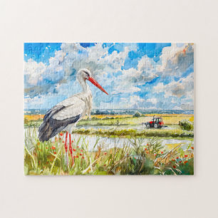 Ooievaar in zomervelden Havelland Aquarel stijl Legpuzzel
