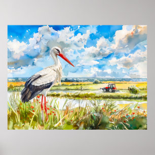 Ooievaar in zomervelden Havelland Aquarel stijl Poster