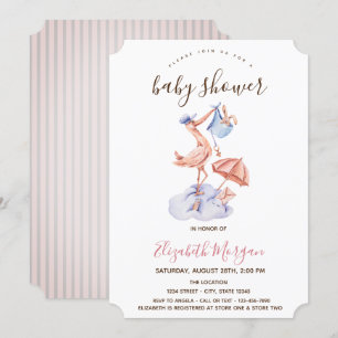 Ooievaar Kleine Konijn Roze Strepen Baby Shower Kaart