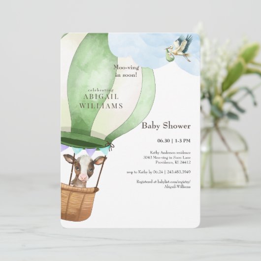 Ooievaar & Koe Moo-ving in Soon Brown Baby shower Kaart (Staand voorkant)