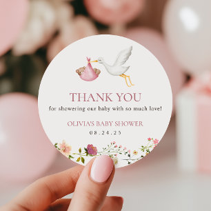 Ooievaar Levering Roze Bloem Meisje Baby Shower Fa Ronde Sticker