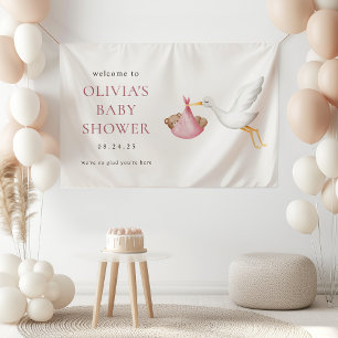 Ooievaar Levering Roze Meisje Baby Shower Welkom Spandoek
