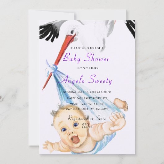 Ooievaar met Baby shower Invitation Funny Design (Voorkant)