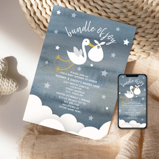 Ooievaar met witte bundel sterren Baby shower Kaart
