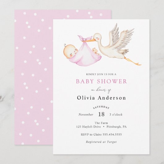 Ooievaar Roze Baby shower Invitation Kaart (Voorkant / Achterkant)
