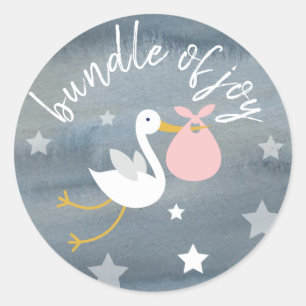 Ooievaar Roze Bundel Sterren Waterverf Baby shower Ronde Sticker