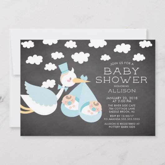 Ooievaar & Tweeling Jongens Tweeling Baby shower U Kaart (Voorkant)