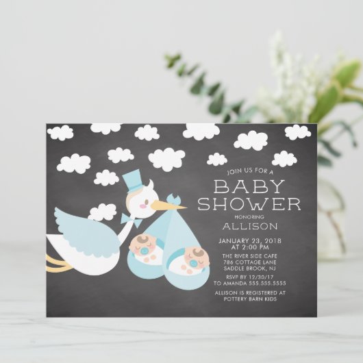 Ooievaar & Tweeling Jongens Tweeling Baby shower U Kaart (Staand voorkant)