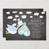 Ooievaar & Tweeling Jongens Tweeling Baby shower U Kaart (Voorkant / Achterkant)