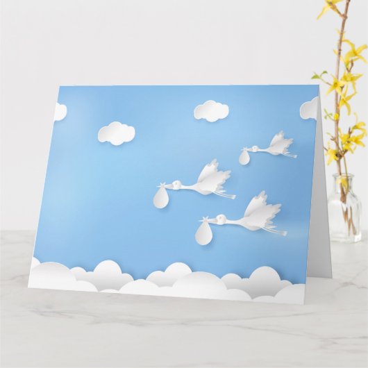 Ooievaar vliegen met baby op sky wenskaart kaart (Gele Bloem)