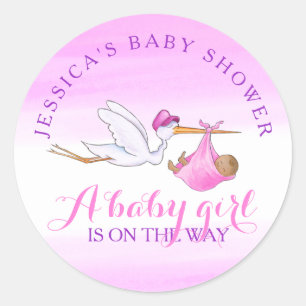 Ooievaar watercolor roze baby shower meisje op maa ronde sticker