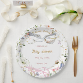 Ooievaar Wildflower Lint Baby shower Papier Papieren Bordje