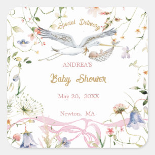 Ooievaar Wildflower Lint Baby shower Papier Vierkante Sticker
