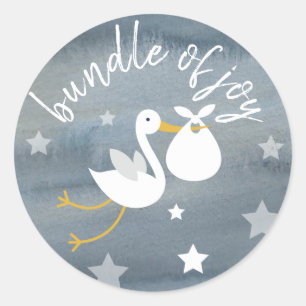 Ooievaar Witte Bundel Sterren Waterverf Baby showe Ronde Sticker
