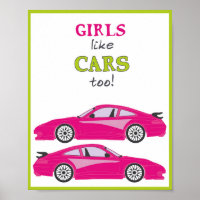 Ook meisjes als auto's! Roze cartoon auto-illustra