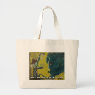oom Sam wijzend op een blauwe storm Grote Tote Bag