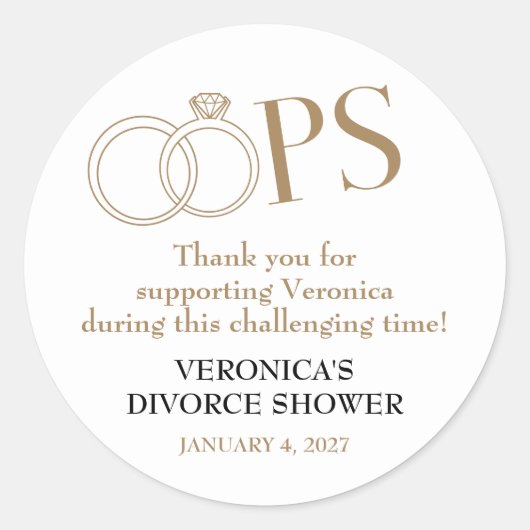 OOPS!  Echtscheidingsfeest Ronde Sticker (Voorkant)