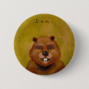 Oorspronkelijk schilderij van de beaver enigszins ronde button 5,7 cm