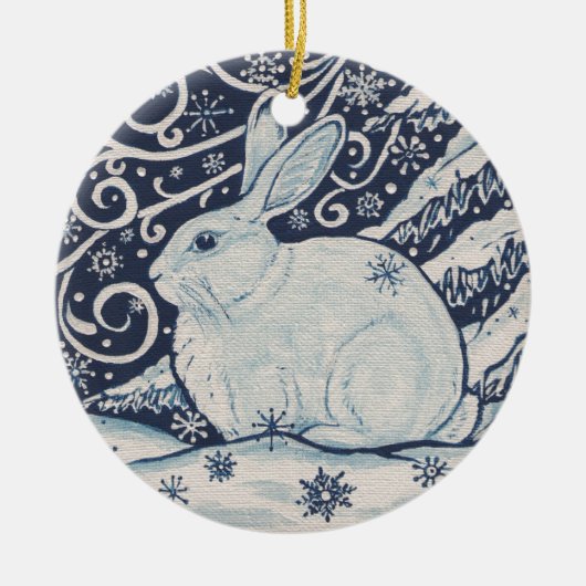 Oorspronkelijke winterkerstkonijn Blauw en Wit Keramisch Ornament (Voorkant)
