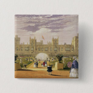 oostelijk uitzicht van het kasteel en de tuin, de vierkante button 5,1 cm