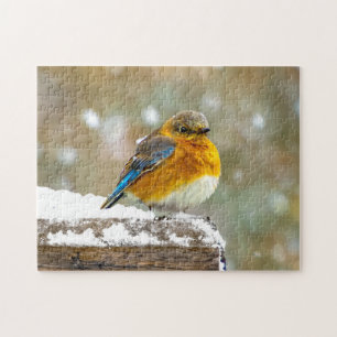 Oostelijke Blauwe Lijster in Sneeuw - Originele Fo Legpuzzel