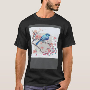 Oostelijke blauwe vogel op Japanse roze kersenbloe T-shirt