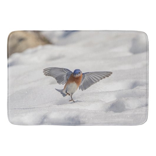Oostelijke Blauwvogel dansend in de sneeuw Badmat (Voorkant)