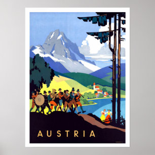 Oostenrijk, Alpen, bergen, muziekorkest, vintage Poster