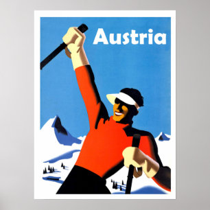Oostenrijkse bergen, winterskicsport, vintage-reiz poster