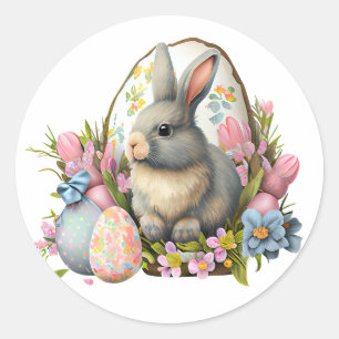 oosterkonijn met bloemen en eieren , kleurrijk blo ronde sticker