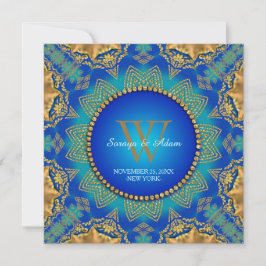 Oosters Blauw Goud Satijn Kant Monogram Uitnodigin Kaart