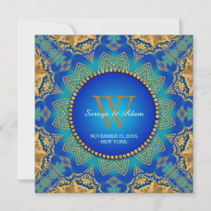 Oosters Blauw Goud Satijn Kant Monogram Uitnodigin Kaart