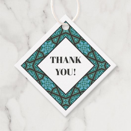 Oosters blauw grijs Arabisch Egypte geometrisch pa Bedankjes Labels (Voorkant)