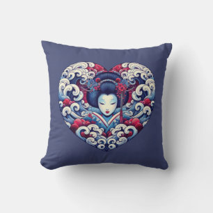 Oosters blauw violet abstract Geisha golven hart Kussen