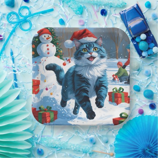 Oosters Blauwe Kat Zittend In Sneeuwkerst Pet Papieren Bordje (Feest)