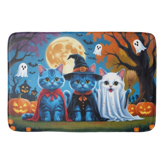 Oosters Blauwe Katten Pompoen Halloween Grappig Badmat (Voorkant)